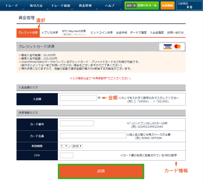 ソニックオプション 入金方法 クレジットカード