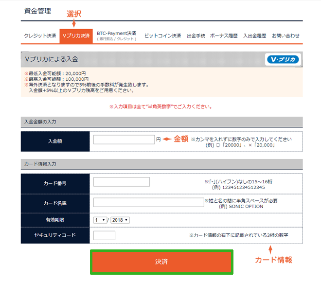 ソニックオプション 入金方法 Vプリカ
